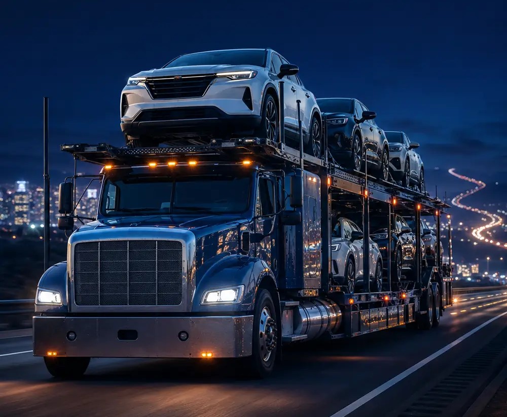 Open auto transport carrier loaded with vehicles